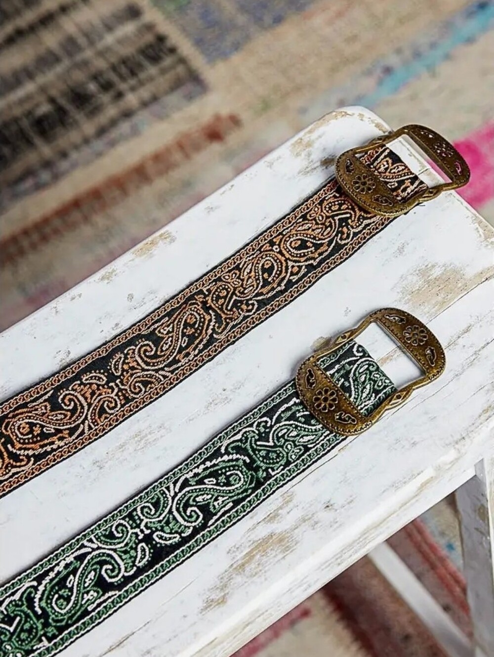Embroidered Paisley Boho Belt - Green